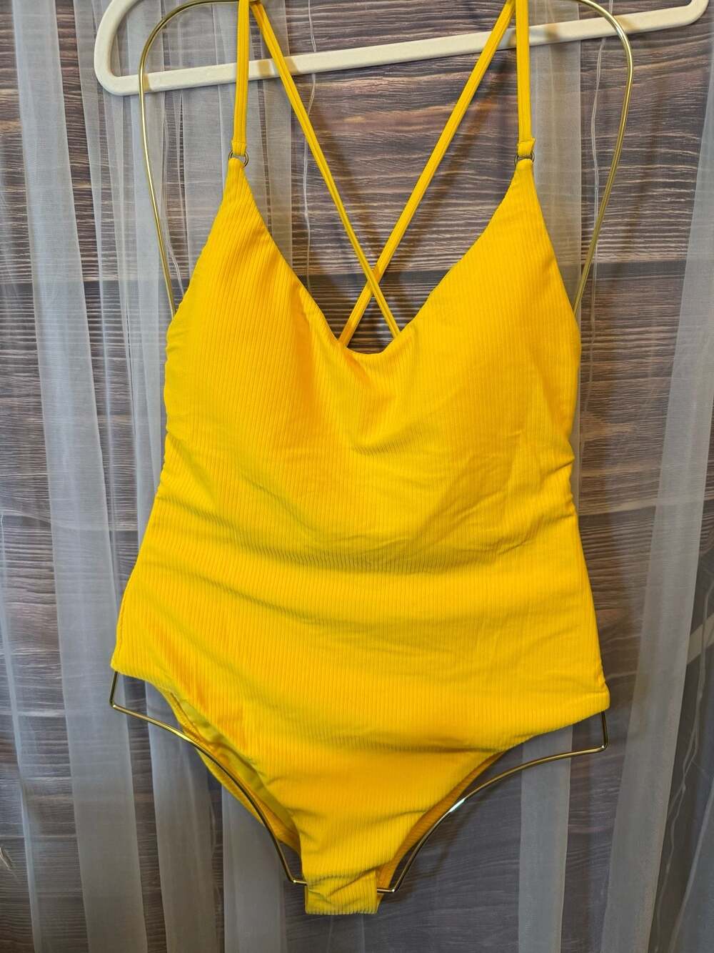 Lucky Brand Yellow Ribbed Cut-Out Back One Piece Swimsuit